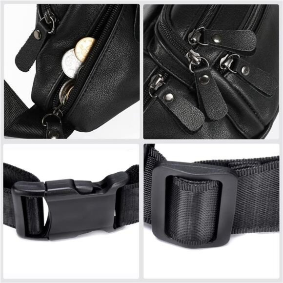 Black Leather Fanny Pack for Men & Women, Fashionable Multi-Pockets Waist Belt - Picture 5 of 14